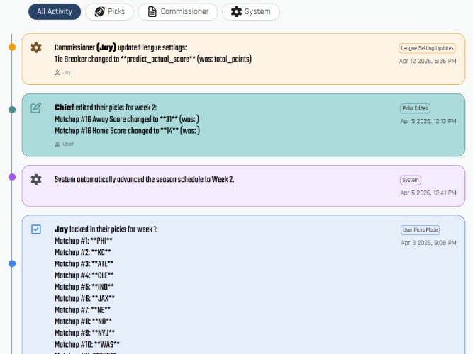 NFL Pool Activity Feed with Commissioner Audit Trail and Pick History