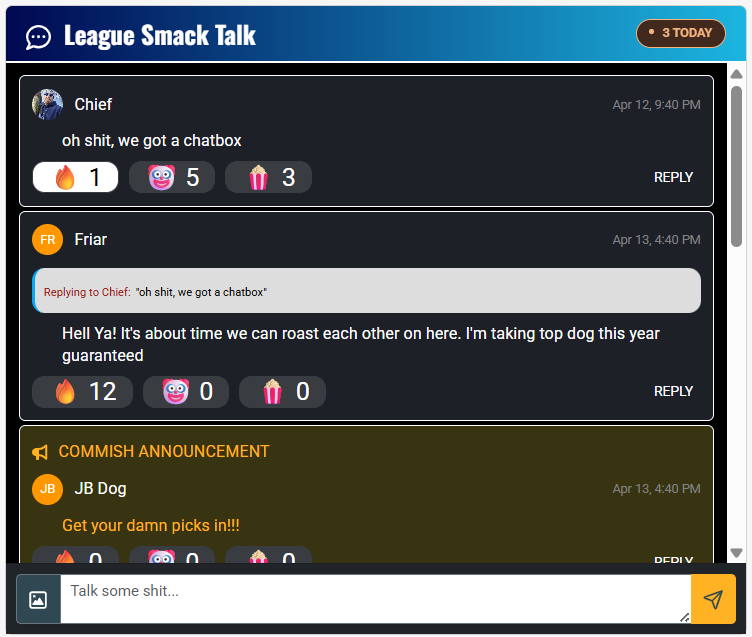 Interactive NFL League Trash Talk Chatbox with Reactions